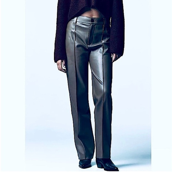 Zara High Rise Vegan Faux Leather Trouser Pants, Black, Size XS - Picture 2 of 10